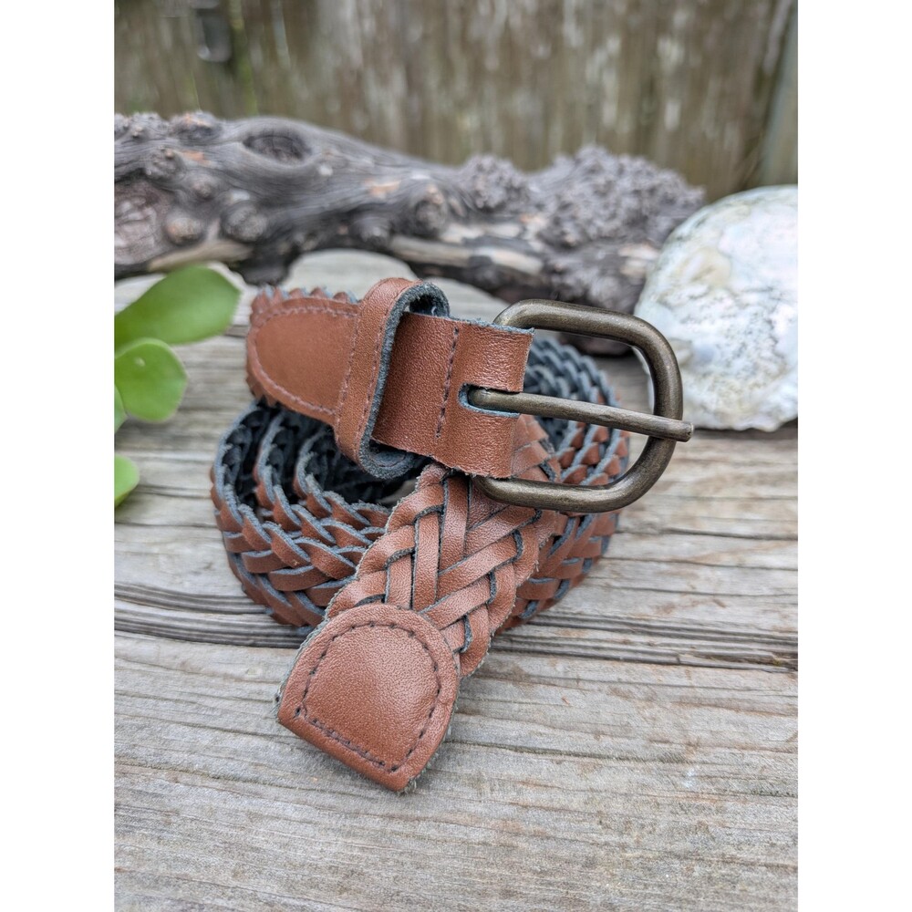 Vintage Brown Leather Woven Mens Dress Belt